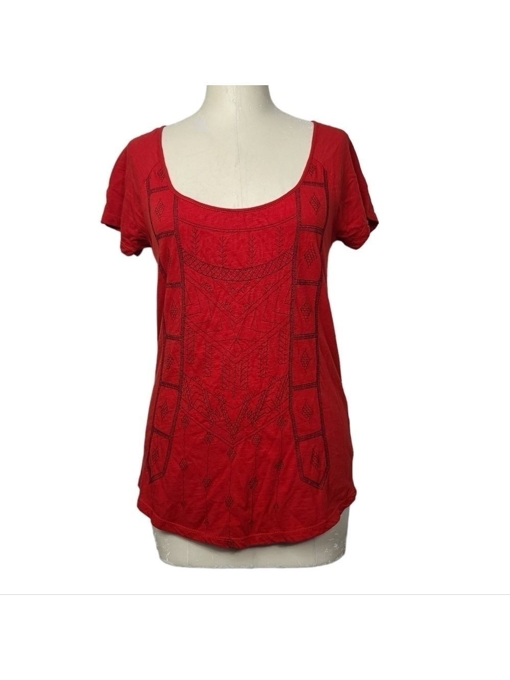 Lucky Brand Scoop Neck Red Printed Short Sleeve Shirt XS